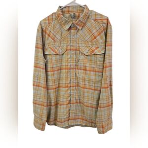 STIO EDDY DRIFT LONG SLEEVE PLAID SHIRT IN ORANGE AND CREAM. SIZE LARGE. FLAW.